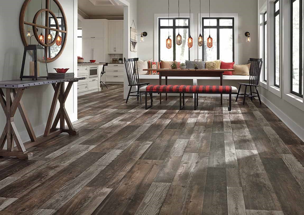 dining room with rustic wood style floors